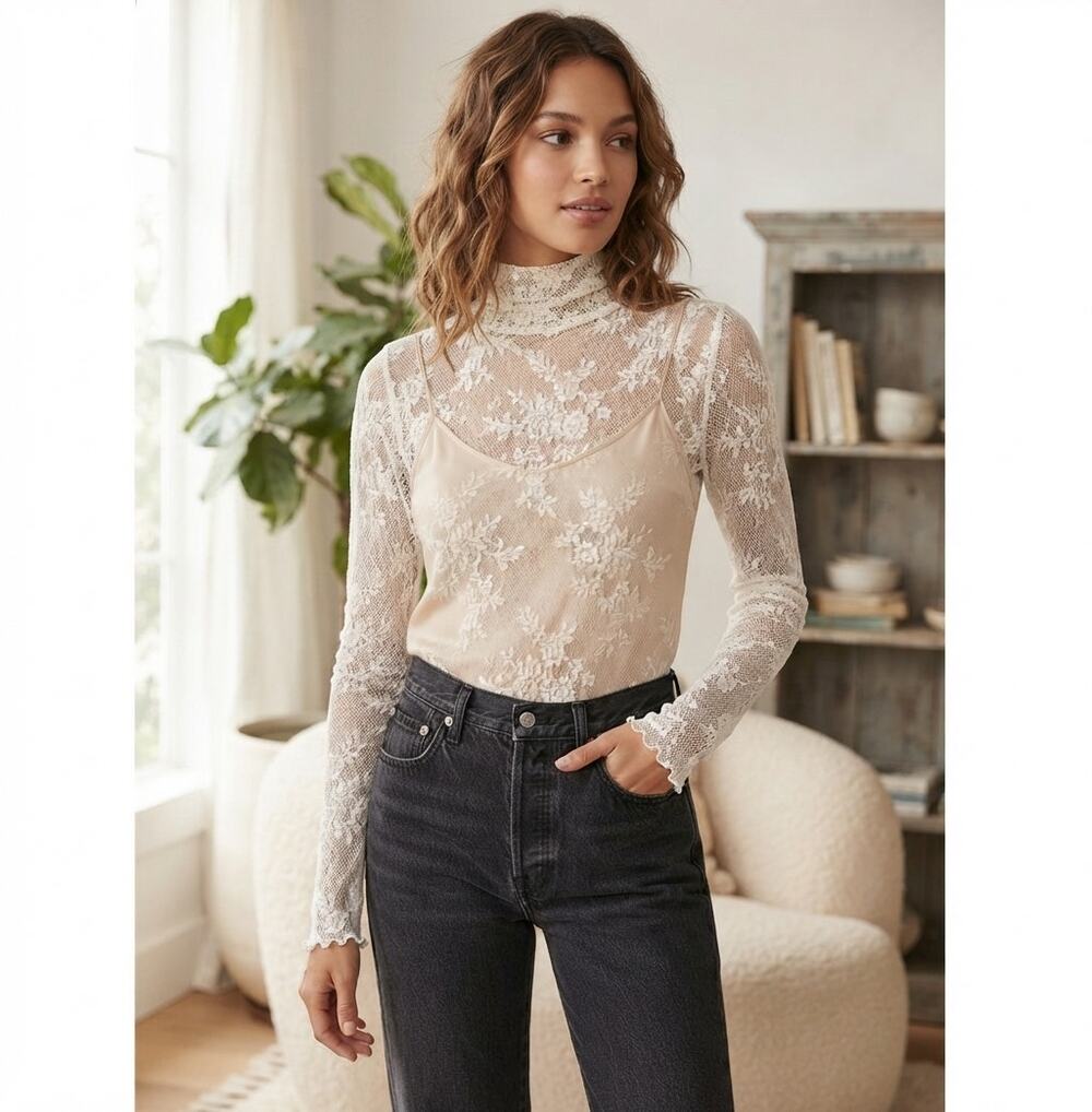 Free People Intimately Sheer Floral Lace Turtleneck Top Ivory Off White Mesh S